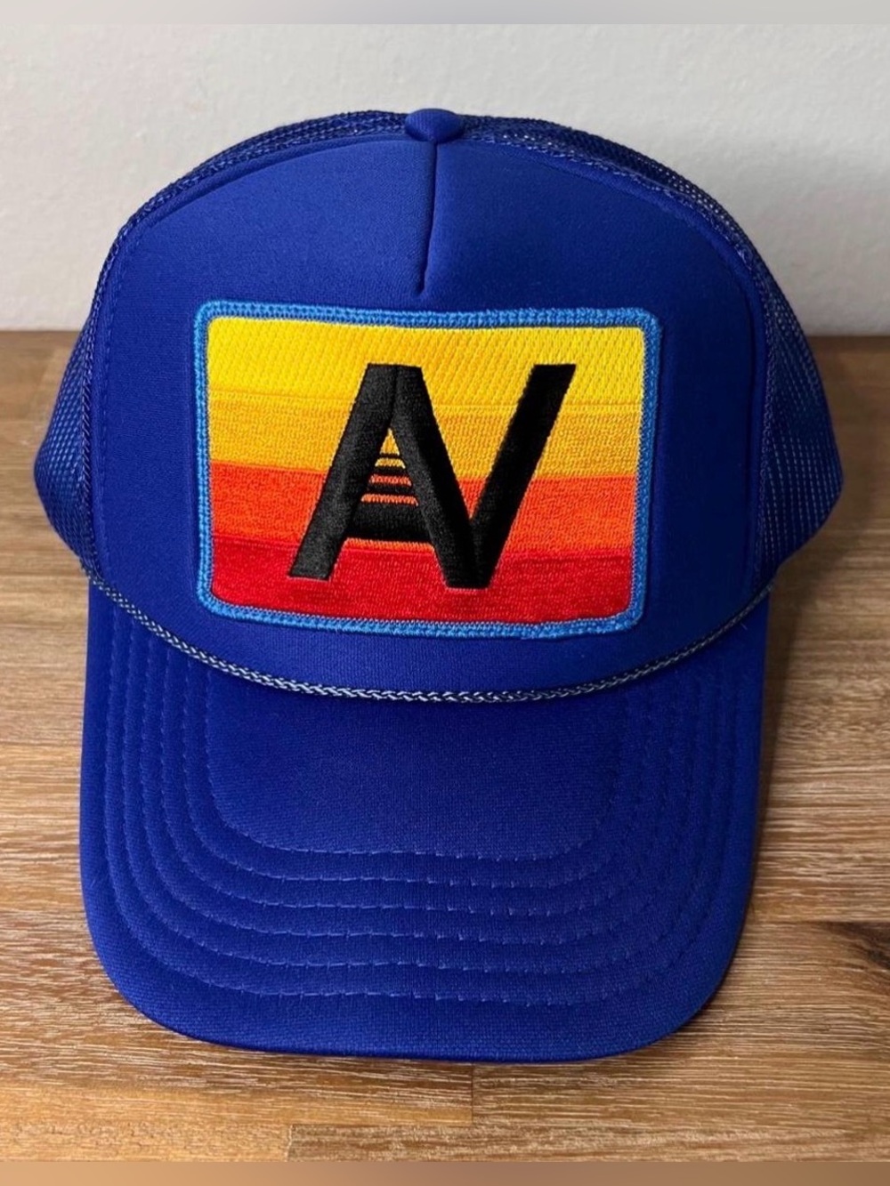Aviator Nation royal blue logo rainbow vintage trucker hat OS